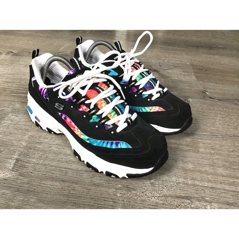Skechers D'Lites Shoes Womens Size 11 Black Multi Tie-Dye Memory Foam SN 149015